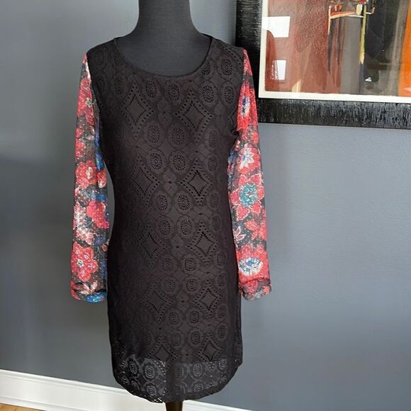 Desigual Pichi lined black lace body, mesh floral print long sleeve fitted midi - Picture 4 of 9